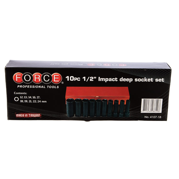 Набор длинных 85мм, ударных 6-ти гранных торцевых головок (12-24мм) DR. 1/2",10 пр. 4107-18