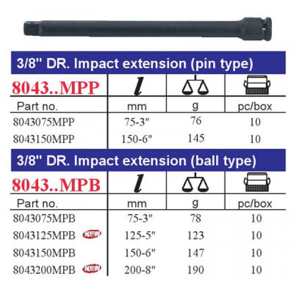 3/8" Удлинитель ударный с шариковым фиксотором, L=150мм 8043150MPB