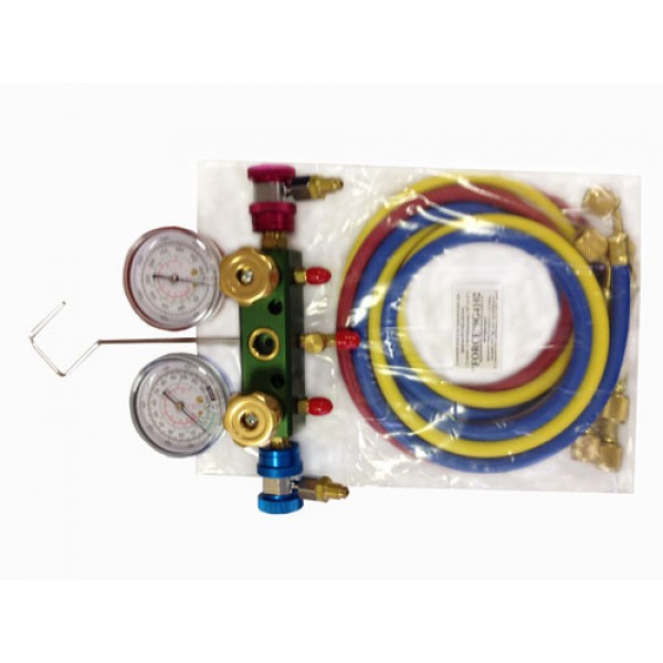 Алюминиевый блок манометров, для фриона R12,R22 R134А ( 2 крана, 3 цветных шланга 60"х1/4" ) 9G4102