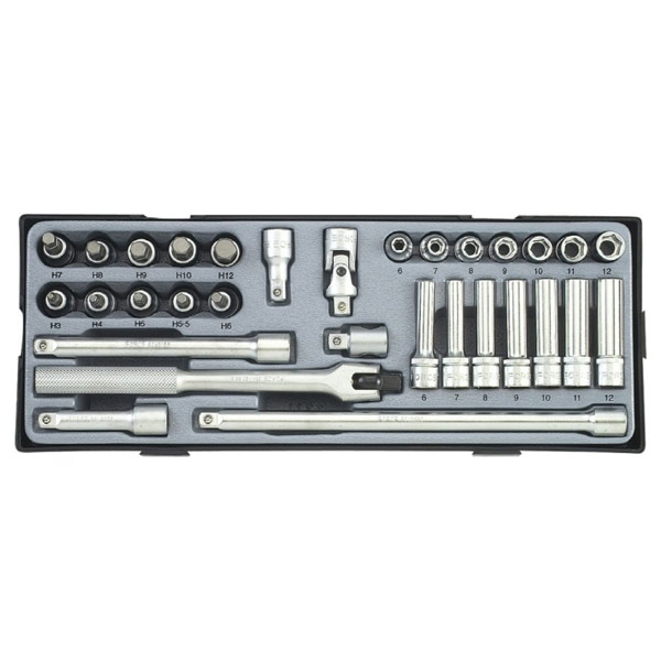 3/8" Набор 6гранных длинных и коротких головок, головок-бит 6гр. с приспособлениями 31пр.В ложементе T3311