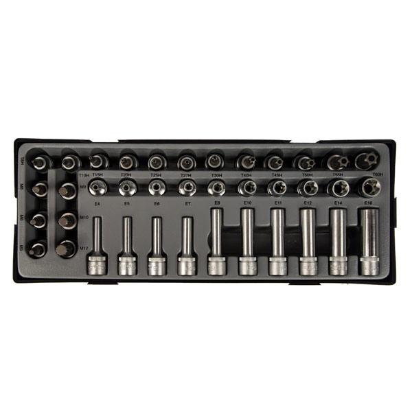 3/8" Набор длинных и коротких головок Е-стандарт, головок-бит торкс и сплайн 38пр.В ложементе T3381