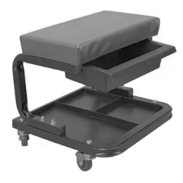 Квадратный мягкий табурет, c не регулируемой С-образной сборной рамой  с ящиком и квадратной инструментальной полкой на 4х колесах. TR6100С