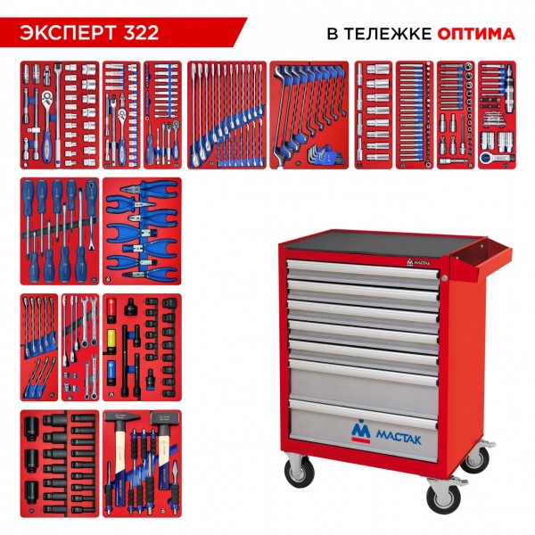 Набор инструментов 323 предмета, ЭКСПЕРТ 322, в красной тележке МАСТАК 52-07322R