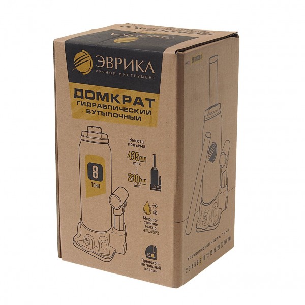 Домкрат гидравлический  бутылочный с клапаном 8т, ремкомплект (выс. подъема 230-435мм) ЭВРИКА /1/4 ER-80081