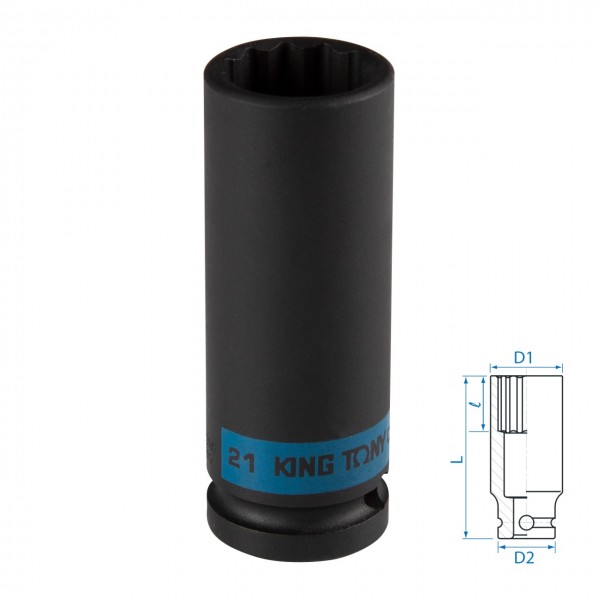 Головка торцевая ударная глубокая двенадцатигранная 1/2, 21 мм KING TONY 443021M