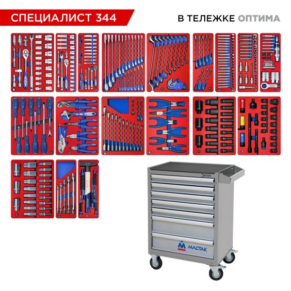 Набор инструментов 344 предмета, СПЕЦИАЛИСТ 344, в серой тележке МАСТАК 52-07344G
