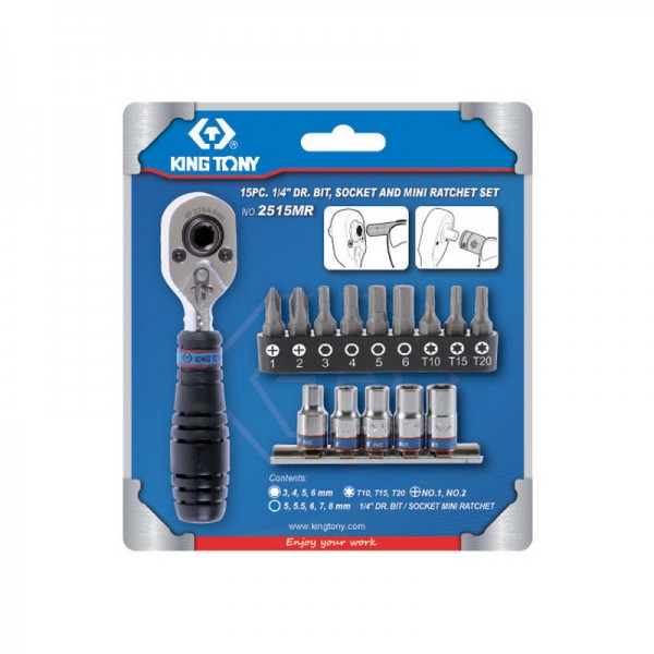 Набор вставок (бит) и головок с трещоткой 1/4, Torx, Hex, PH, 15 предметов KING TONY 2515MR