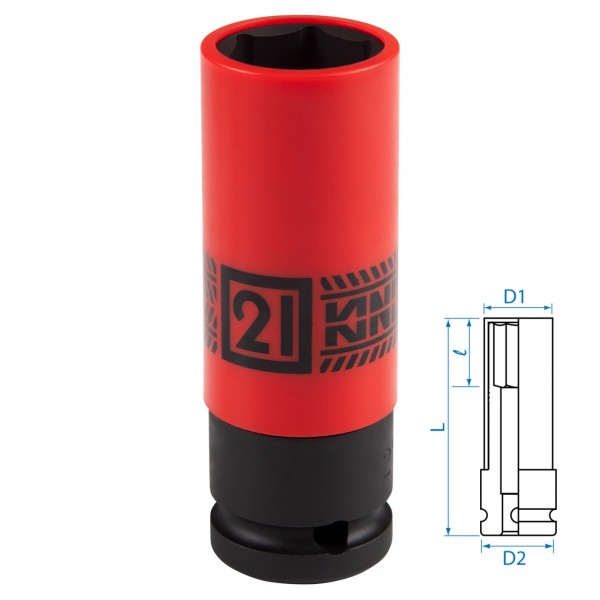 Головка торцевая ударная глубокая 1/2, 21 мм, тонкостенная, пластиковая защита KING TONY 494521M