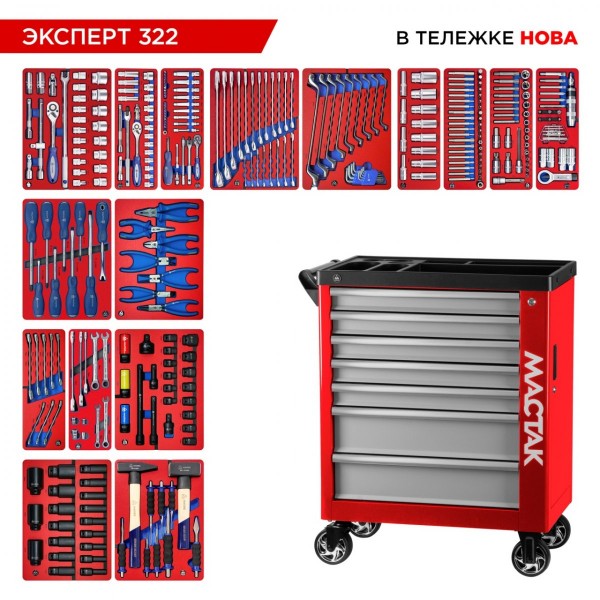 Набор инструментов 323 предмета, ЭКСПЕРТ 322, в красной тележке МАСТАК 50-07322R