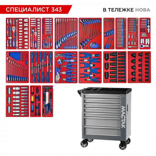 Набор инструментов 343 предмета, СПЕЦИАЛИСТ 343, в серой тележке МАСТАК 50-07343G