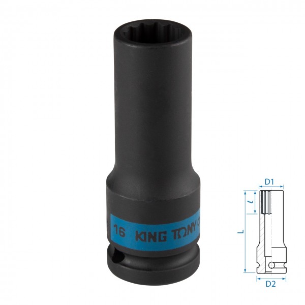 Головка торцевая ударная глубокая двенадцатигранная 1/2, 16 мм KING TONY 443016M