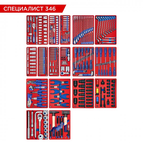 Набор инструментов 346 предметов, СПЕЦИАЛИСТ 346, для тележки, 17 ложементов МАСТАК 5-00346