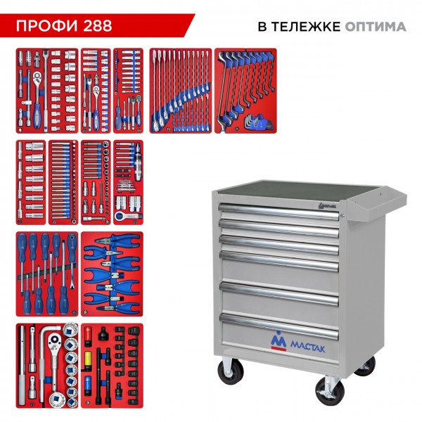 Набор инструментов 288 предметов, ПРОФИ 288, в серой тележке МАСТАК 52-06288G
