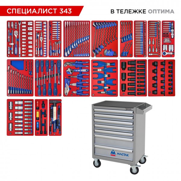 Набор инструментов 343 предмета, СПЕЦИАЛИСТ 343, в серой тележке МАСТАК 52-07343G