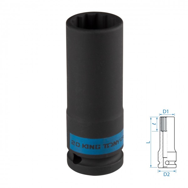 Головка торцевая ударная глубокая двенадцатигранная 1/2, 20 мм KING TONY 443020M