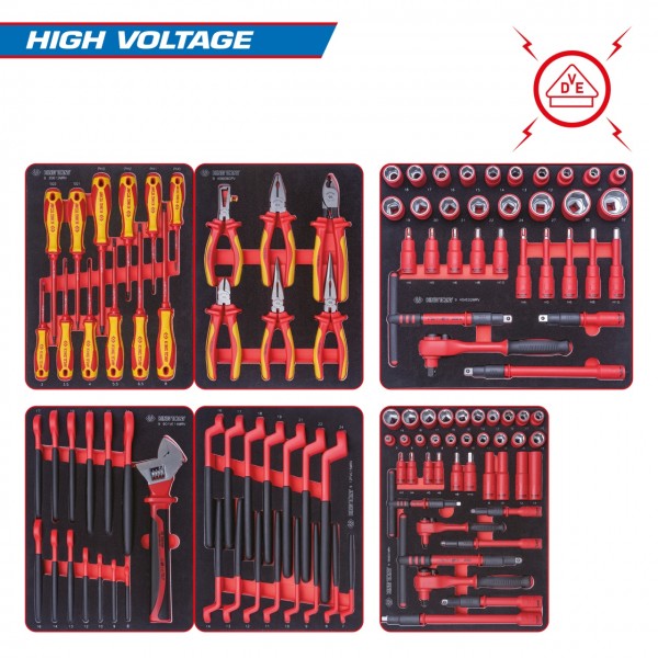 Набор инструментов HIGH VOLTAGE для тележки, 6 ложементов, 117 предметов KING TONY 932-117VEMRVD