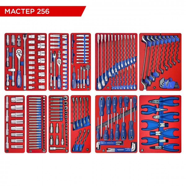 Набор инструментов 256 предметов, МАСТЕР 256, для тележки, 11 ложементов МАСТАК 5-00256