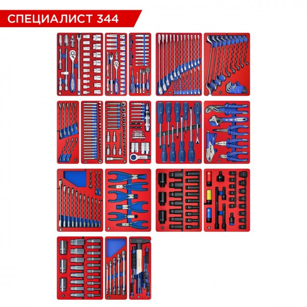 Набор инструментов 344 предмета, СПЕЦИАЛИСТ 344, для тележки, 18 ложементов МАСТАК 5-00344