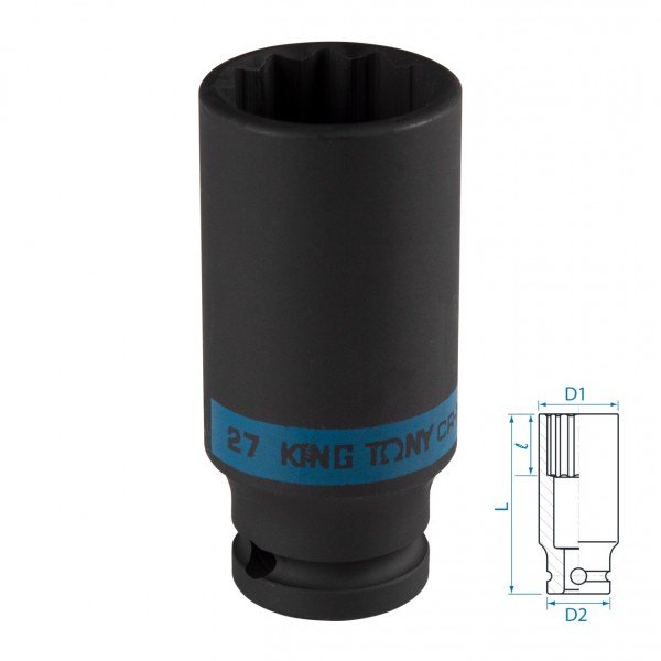 Головка торцевая ударная глубокая двенадцатигранная 1/2, 27 мм KING TONY 443027M