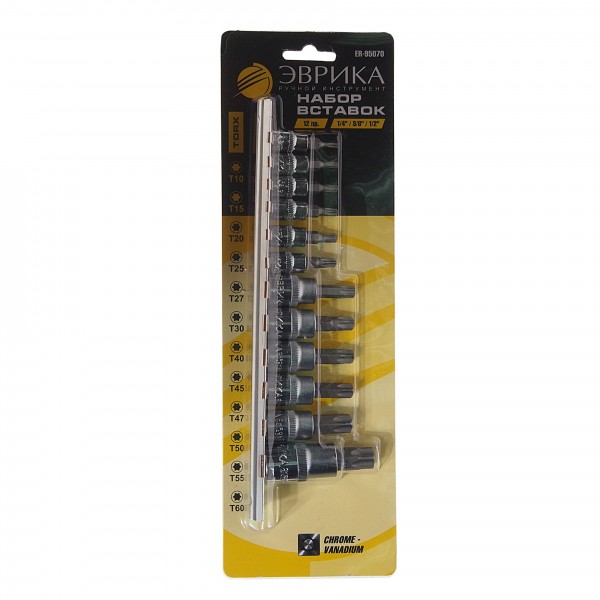 Набор вставок  1/4"&3/8"&1/2" торкс T10-T60 12 предметов ЭВРИКА /1/5/10 ER-95070