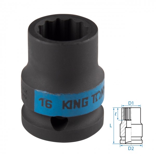 Головка торцевая ударная двенадцатигранная 1/2, 16 мм KING TONY 453016M