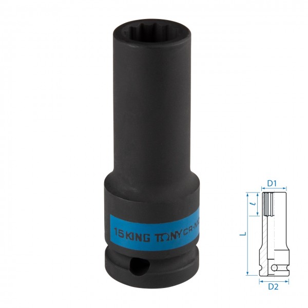 Головка торцевая ударная глубокая двенадцатигранная 1/2, 15 мм KING TONY 443015M