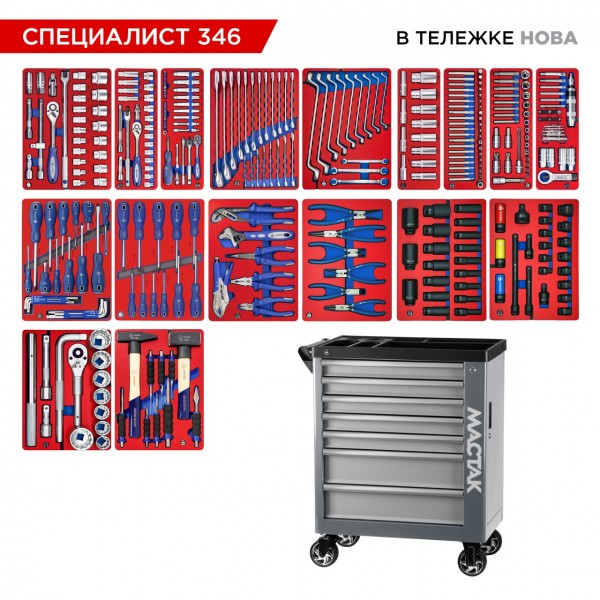 Набор инструментов 346 предметов, СПЕЦИАЛИСТ 346, в серой тележке МАСТАК 50-07346G