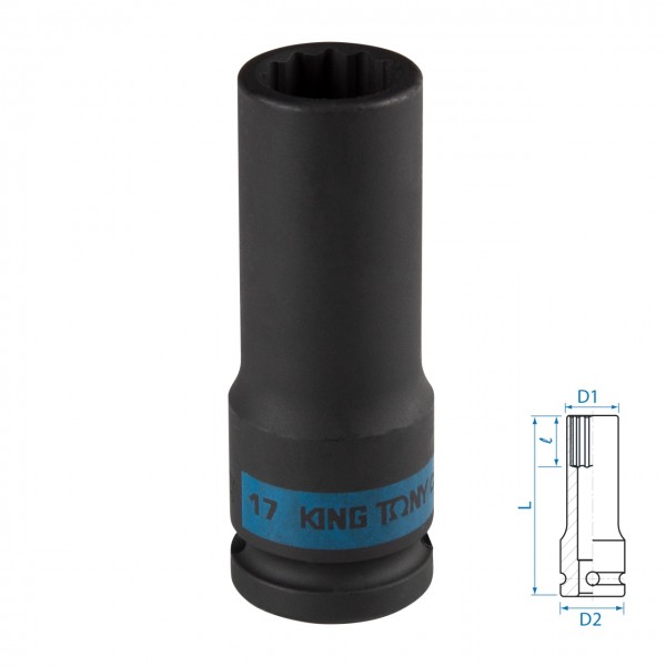 Головка торцевая ударная глубокая двенадцатигранная 1/2, 17 мм KING TONY 443017M