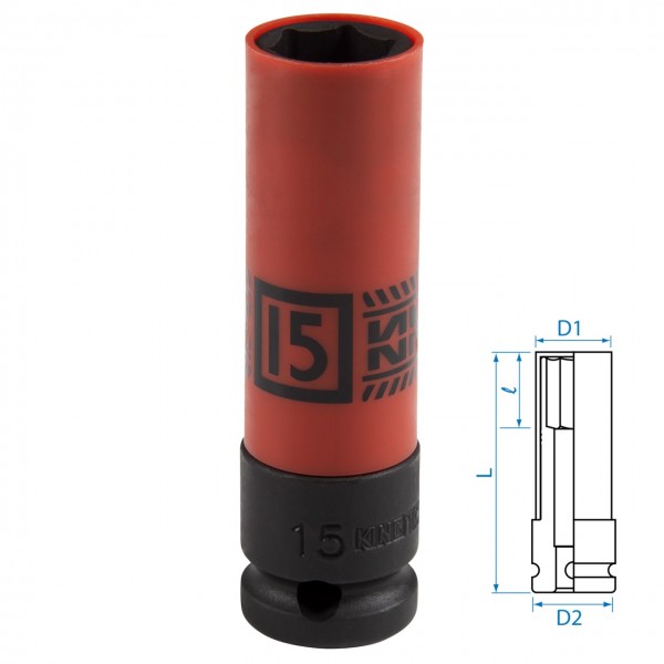 Головка торцевая ударная глубокая 1/2, 15 мм, тонкостенная, пластиковая защита KING TONY 494515M
