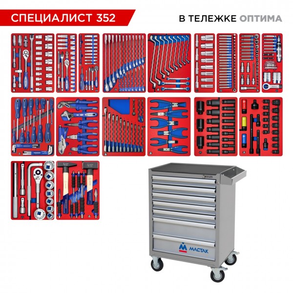Набор инструментов 352 предмета, СПЕЦИАЛИСТ 352, в серой тележке МАСТАК 52-07352G
