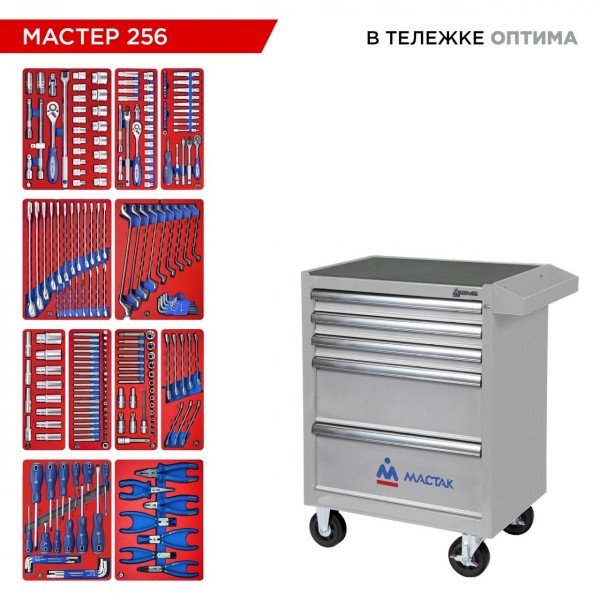 Набор инструментов 256 предметов, МАСТЕР 256, в серой тележке МАСТАК 52-05256G