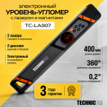 Уровень-угломер электронный с лазером и магнитами TECHNICOM , 2 дисплея, боковой и верхний, автокалибровка, автоотключение, 40 см TC-LA907