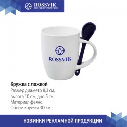 Кружка с ложкой, белая с синим