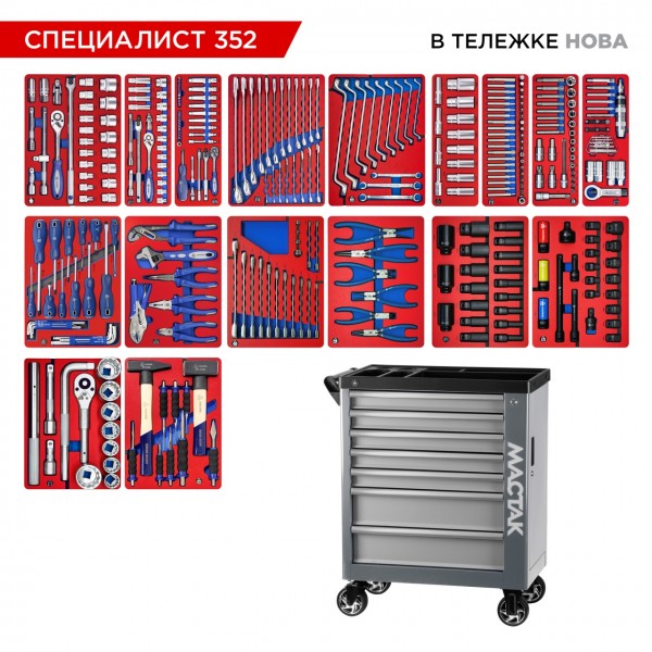 Набор инструментов 352 предмета, СПЕЦИАЛИСТ 352, в серой тележке МАСТАК 50-07352G