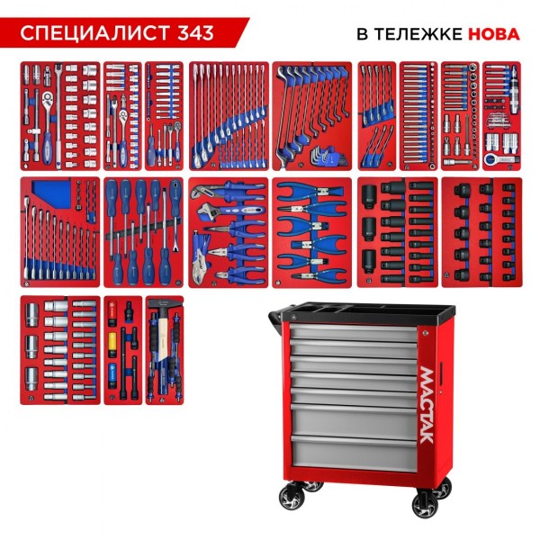Набор инструментов 343 предмета, СПЕЦИАЛИСТ 343, в красной тележке МАСТАК 50-07343R