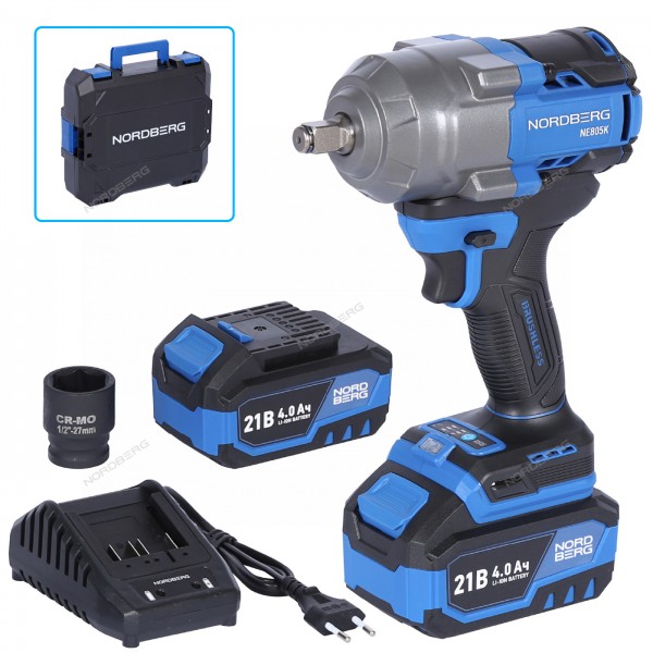 Гайковерт аккумуляторный, 1/2", 21 В, 1000 Нм, 2 аккумулятора 4 A и зарядное устройство, в кейсе NORDBERG NE805K