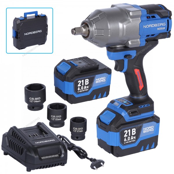 Гайковерт аккумуляторный, 1/2", 21 В, 1500 Нм, 2 аккумулятора 6 A и зарядное устройство, в кейсе NORDBERG NE806K-1/2