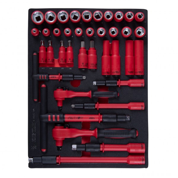 Набор торцевых диэлектрических головок с принадлежностями 1/4, 3/8, шестигранные, 5-19 мм, ложемент, 38 предметов KING TONY 9-55VE01MRV