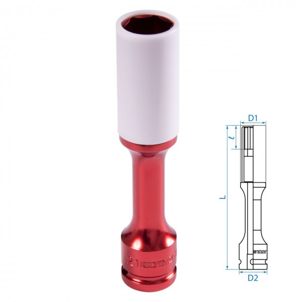 Головка торцевая ударная глубокая 1/2, 21 мм, тонкостенная, пластиковая защита KING TONY 495521MX