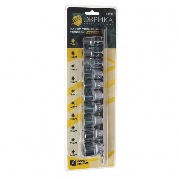 Набор торцевых головок  1/2" DR 10-24мм 10 предметов ЭВРИКА /1/10/40 ER-95180