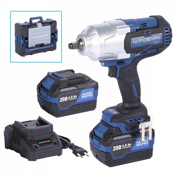 Гайковерт аккумуляторный, 1/2", 20 В, 1700 Нм, 2 аккумулятора 6 A и зарядное устройство, в кейсе NORDBERG NE812K