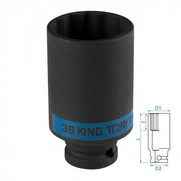 Головка торцевая ударная глубокая двенадцатигранная 1/2, 36 мм KING TONY 443036M