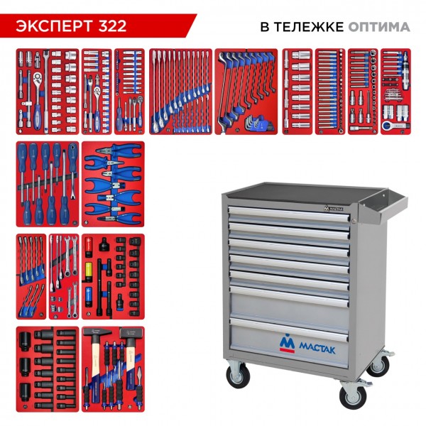 Набор инструментов 323 предмета, ЭКСПЕРТ 322, в серой тележке МАСТАК 52-07322G