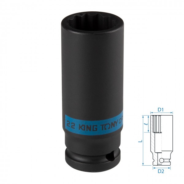 Головка торцевая ударная глубокая двенадцатигранная 1/2, 22 мм KING TONY 443022M