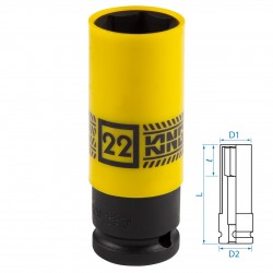 Головка торцевая ударная глубокая 1/2, 22 мм, тонкостенная, пластиковая защита KING TONY 494522M