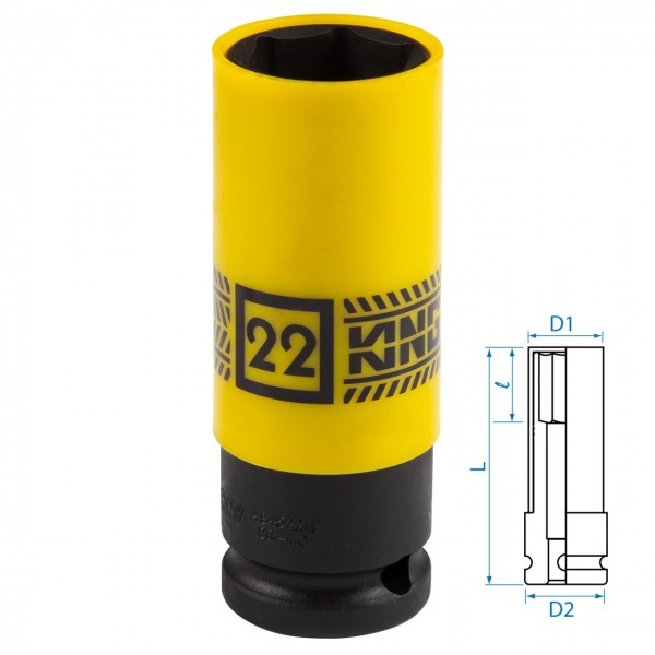 Головка торцевая ударная глубокая 1/2, 22 мм, тонкостенная, пластиковая защита KING TONY 494522M