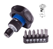 Трещотка компактная 1/4, 48 зубцов, дисковый механизм, для вставок (бит), в комплекте 6 вставок (бит) KING TONY P2746