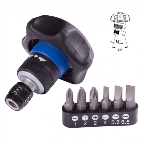 Трещотка компактная 1/4, 48 зубцов, дисковый механизм, для вставок (бит), в комплекте 6 вставок (бит) KING TONY P2746