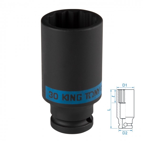 Головка торцевая ударная глубокая двенадцатигранная 1/2, 30 мм KING TONY 443030M