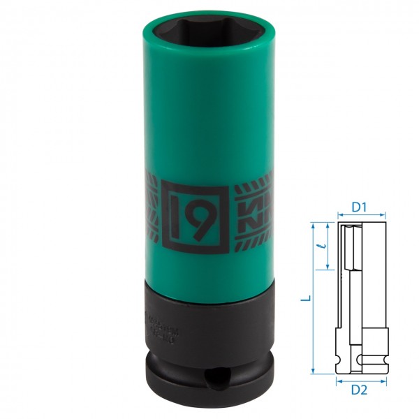 Головка торцевая ударная глубокая 1/2, 19 мм, тонкостенная, пластиковая защита KING TONY 494519M